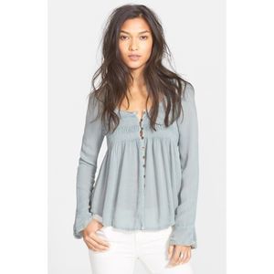 Free People Bluebird Smocked Button Down Raw Edge Top‎ Small